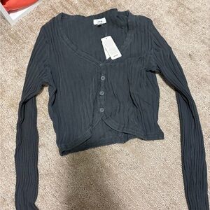 aerie Ribbed Button-Front Long Sleeve Crop Top - Charcoal Gray